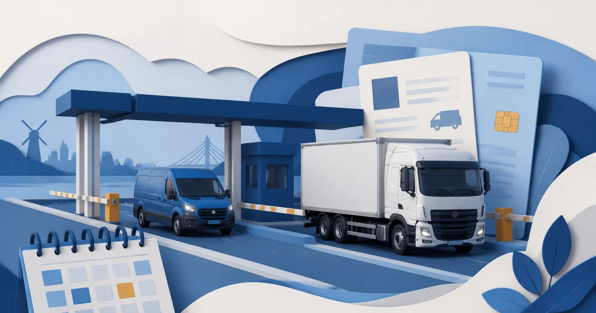 Editorial illustration of a Dutch delivery van and truck beside a road-tax notice